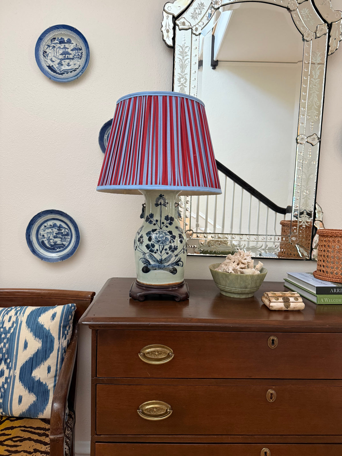16" Pleated Empire Lampshade — Red and Blue Stripes