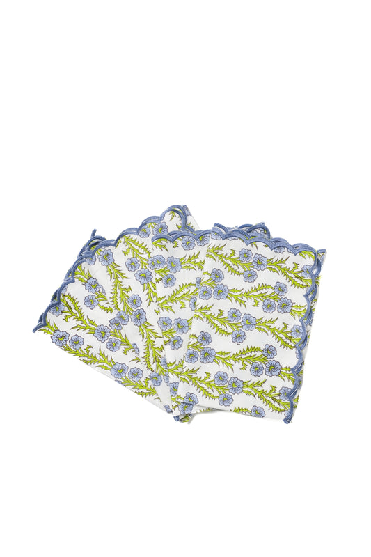 Forget-Me-Not Scallop Embroidered Blockprint Napkins, Set of 4