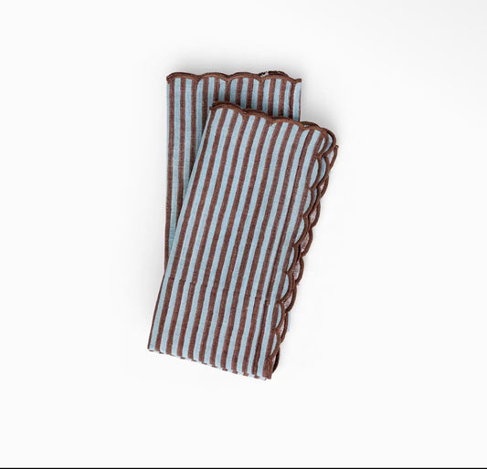 Block Printed Embroided Scalloped Napkin (SET-2) - Sky Brown