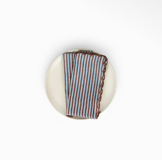 Block Printed Embroided Scalloped Napkin (SET-2) - Sky Brown