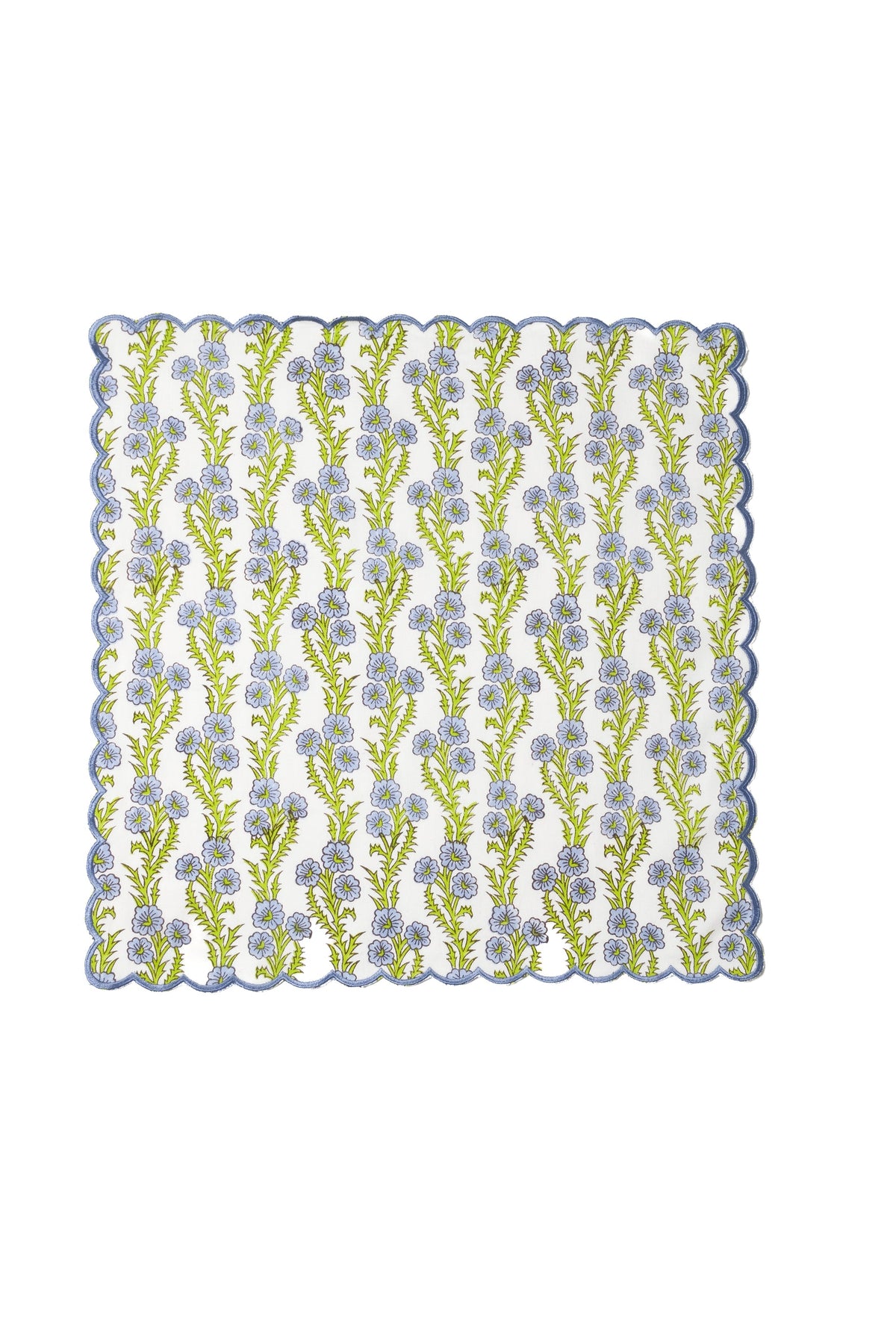Forget-Me-Not Scallop Embroidered Blockprint Napkins, Set of 4