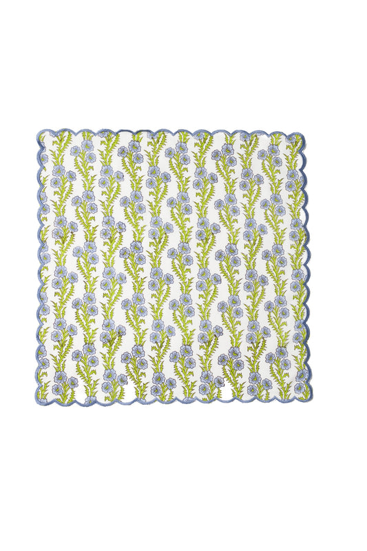 Forget-Me-Not Scallop Embroidered Blockprint Napkins, Set of 4