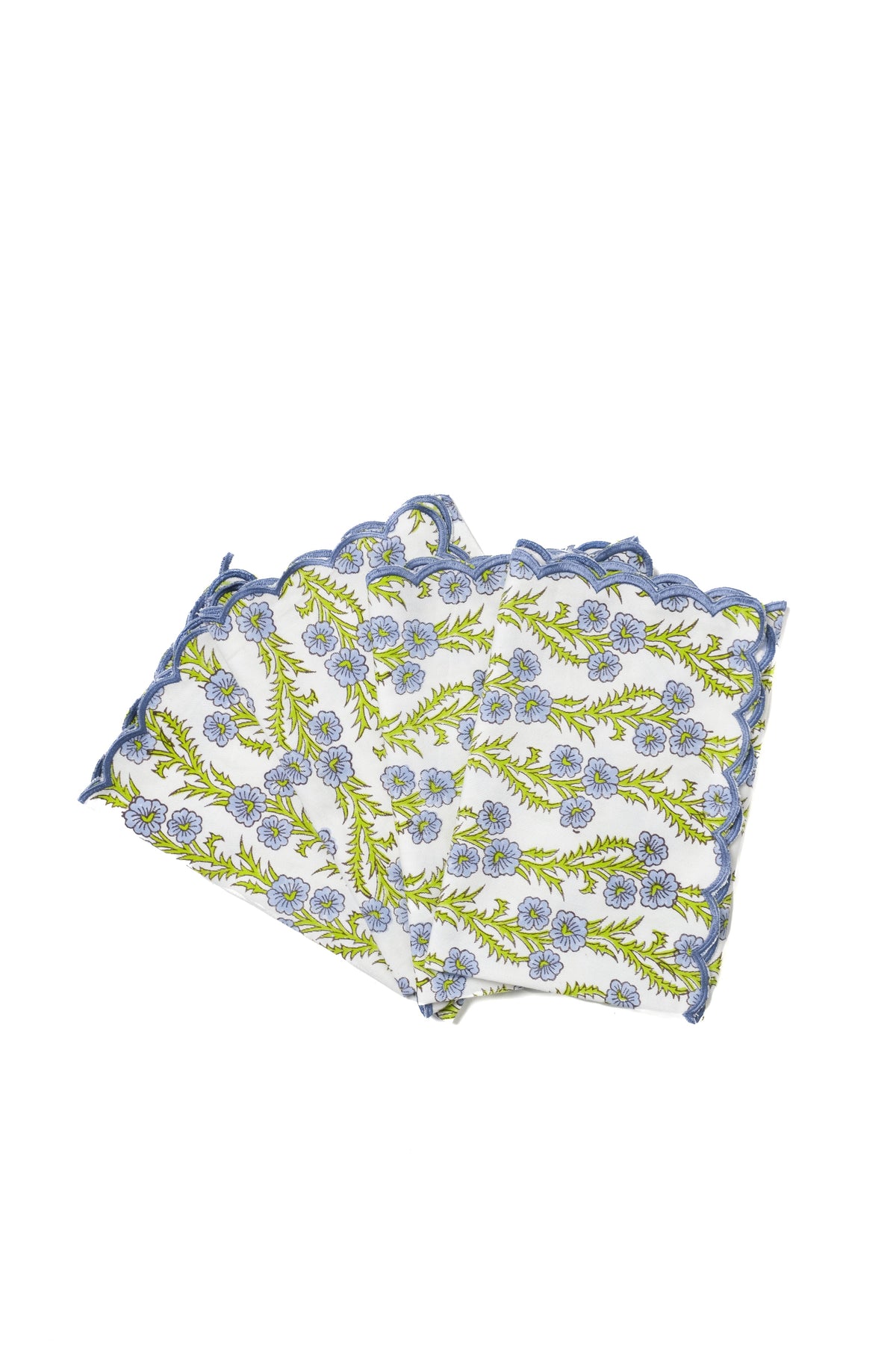 Forget-Me-Not Scallop Embroidered Blockprint Napkins, Set of 4