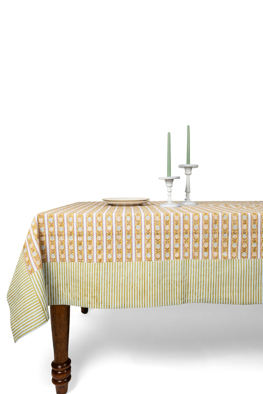 Vintage Floral Stripe Blockprint Tablecloth — Green