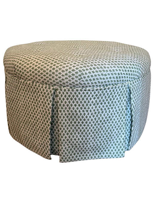 Round Skirted Ottoman upholstered in Sister Parish